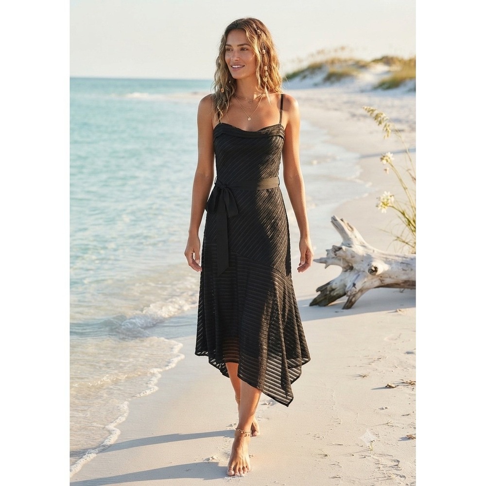 Rachel Rachel Roy Black Asymmetrical Midi Dress Tie Waist Sleeveless XL NEW